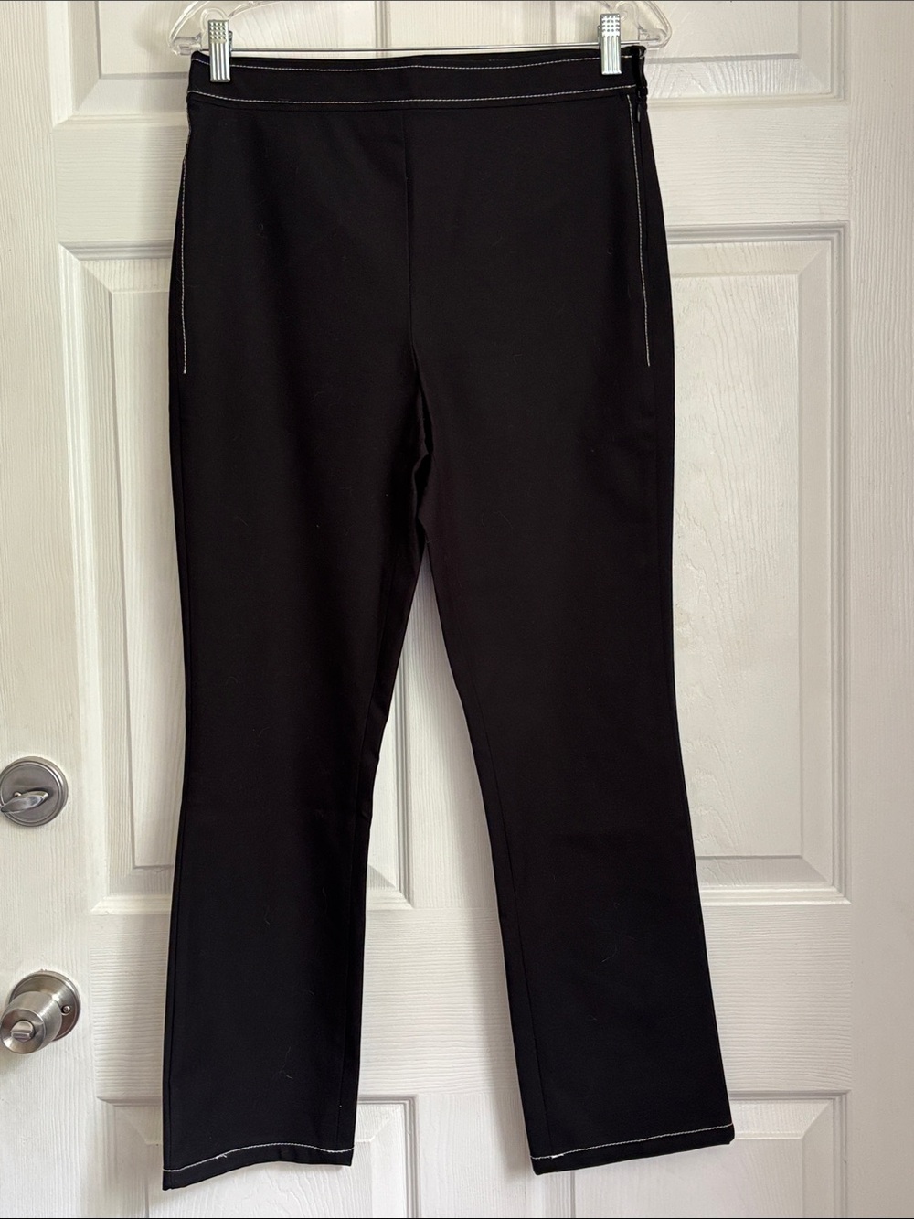 THEORY Black Pants White Stitch-Detail Straight Leg Pants Size 10 cotton stretch